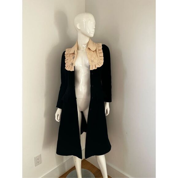 Black Baby Doll Bib Long Coat Sz XS 100% Wool Mushroom Bejeweled Buttons - Picture 2 of 11